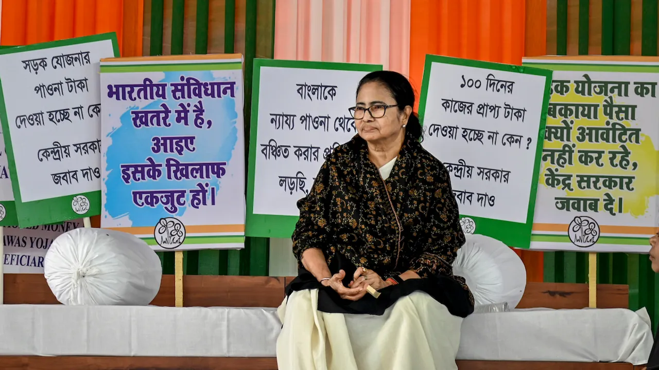 West Bengal Chief Minister and Trinamool Congress supremo Mamata Banerjee during her 'dharna' against the central government, at Red Road in Kolkata, Friday, Feb. 2, 2024