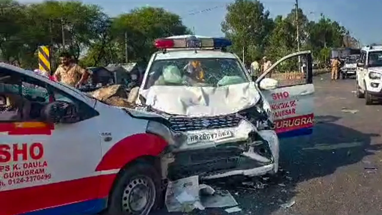 Damaged police vehicles, allegedly vandalized by miscreants after clashes broke out during a 'Brij Mandal Jalabhishek Yatra' in Nuh on Monday, July 31