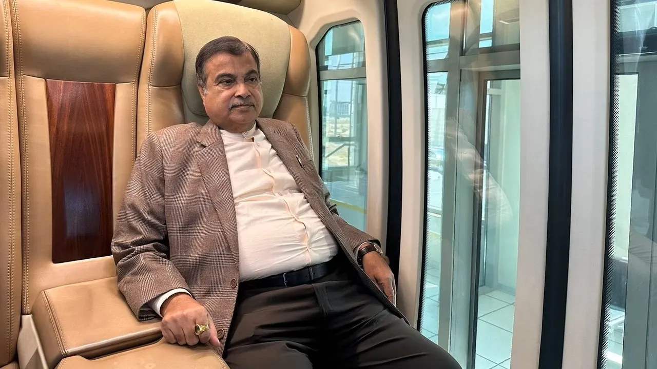 Nitin Gadkari takes test ride of Sky Bus in Sharjah