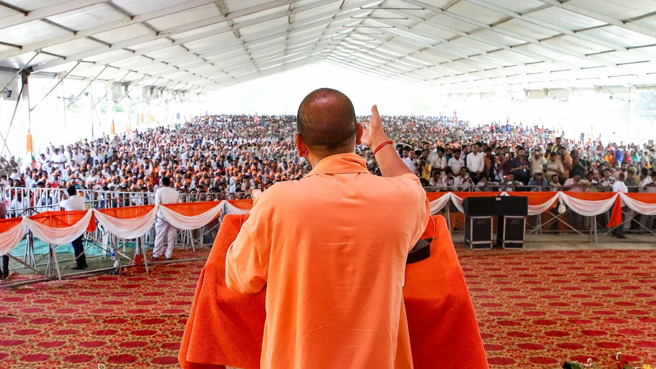 Uttar Pradesh Chief Minister and BJP leader Yogi Adityanath during a public meeting for Lok Sabha elections, at Hasanpur in Amroha district, Tuesday, April 23, 2024