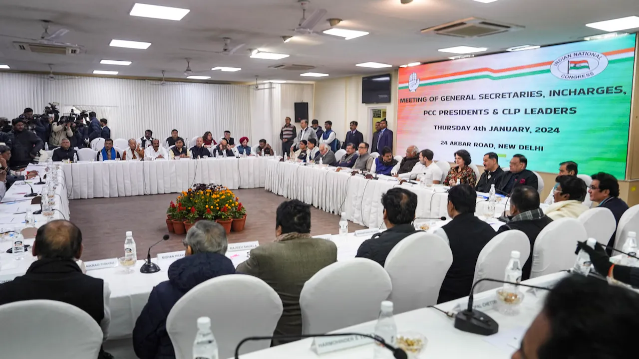 Congress President Mallikarjun Kharge with party leaders Rahul Gandhi, Priyanka Gandhi Vadra, KC Venugopal and others during a meeting of the party's general secretaries/ in-charges, Pradesh Congress Committee (PCC) presidents and Congress Legislative Party (CLP) leaders, at AICC headquarters in New Delhi, Thursday, Jan. 4, 2024.