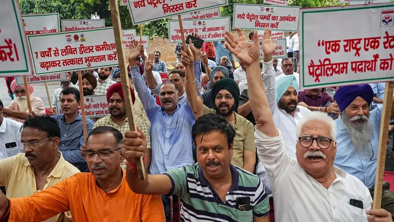 Petrol pump owners in Delhi stage protest demanding removal of VAT, revision of margins