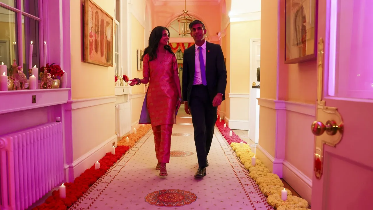 UK Prime Minister Rishi Sunak with wife Akshata Murty during a reception at 10, Downing Street to celebrate Diwali, in London