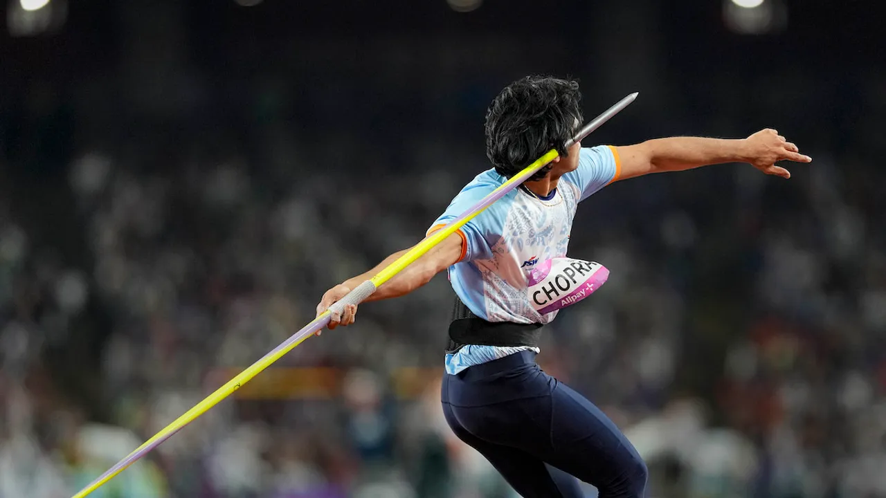 Neeraj Chopra competes in the Men's Javelin Throw Final event at the 19th Asian Games, in Hangzhou, China, Wednesday, Oct. 4, 2023.