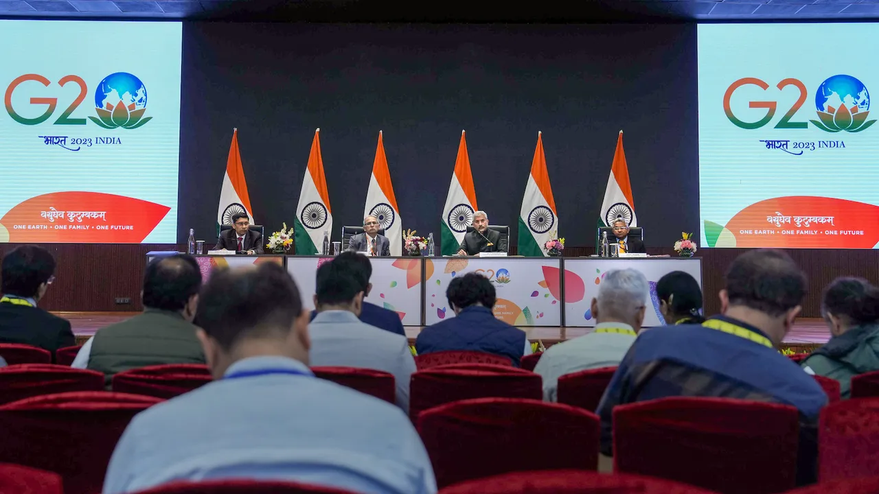 External Affairs Minister S Jaishankar, flanked by officials, addresses the media after the G20 Foreign Ministers' Meeting at Sushma Sawaraj Bhawan in New Delhi on Thursday