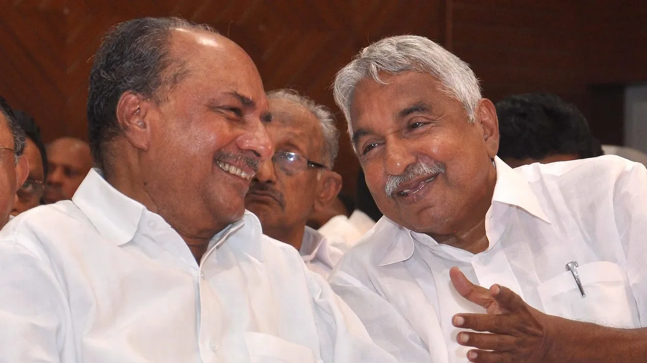 In this file photo dated Oct. 6, 2015, then Kerala Chief Minister Oommen Chandy with senior Congress leader AK Antony at UDF leaders' meeting, in Kochi