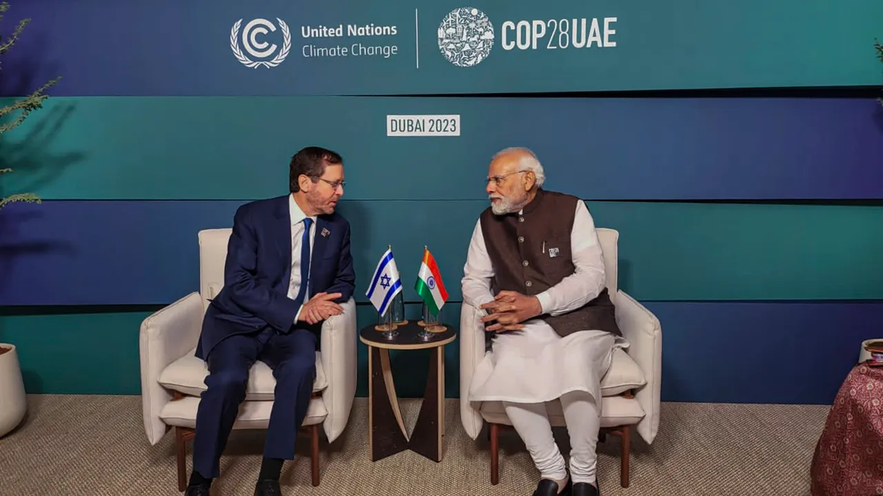 Prime Minister Narendra Modi with President of Israel Isaac Herzog during a meeting on the sidelines of the COP28, in UAE