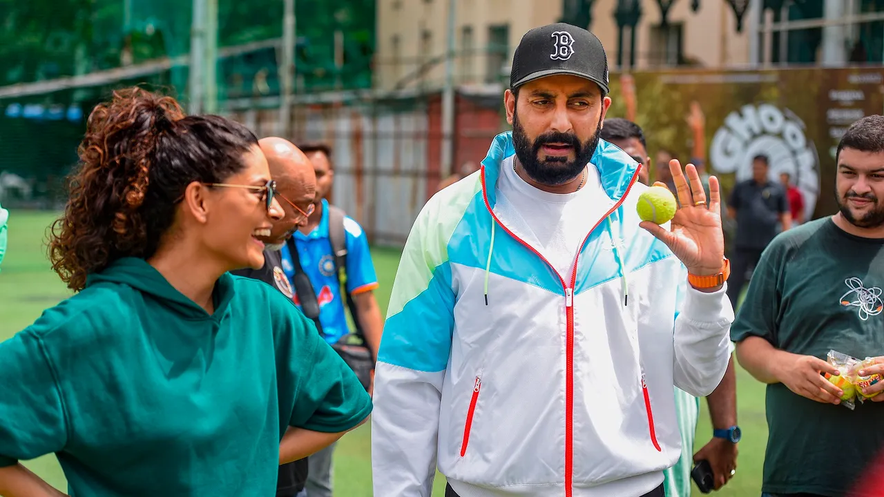Bollywood actors Abhishek Bachchan and Saiyami Kher play cricket match with the media during promotion of the upcoming film 'Ghoomer', in Mumbai