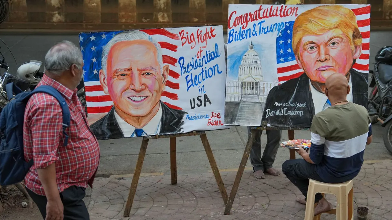 Art teacher from Gurukul Art School paints a poster of US 2024 Presidential candidates Joe Biden and Donald Trump, in Mumbai
