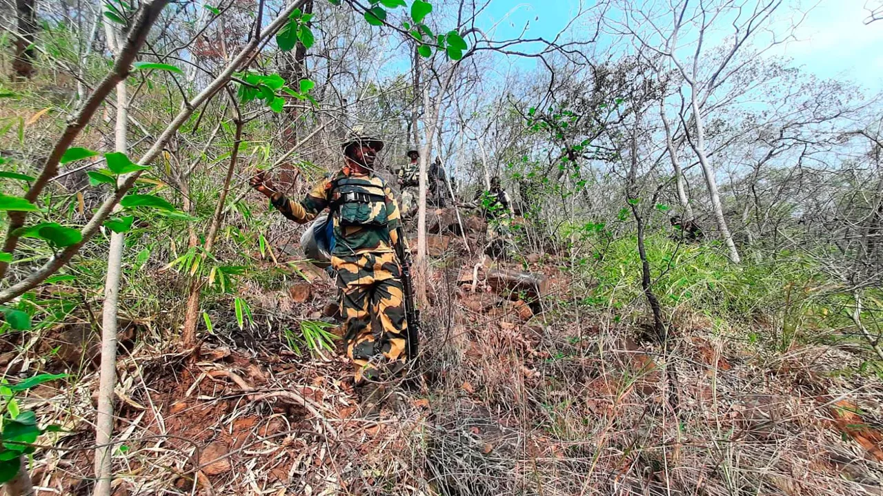 Security personnel during an encounter with Naxalites, in Kanker district, Tuesday, April 16, 2024