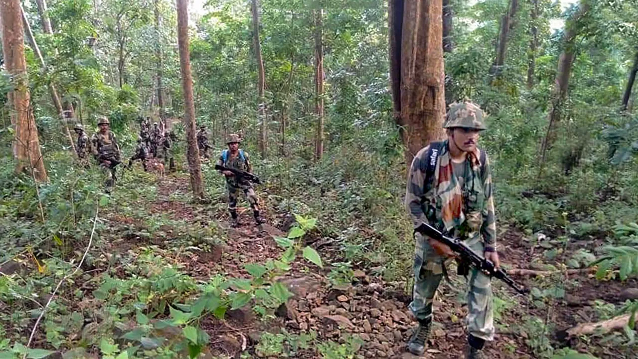 Security personnel during an encounter with Naxalites, in Kanker district, Tuesday, April 16, 2024
