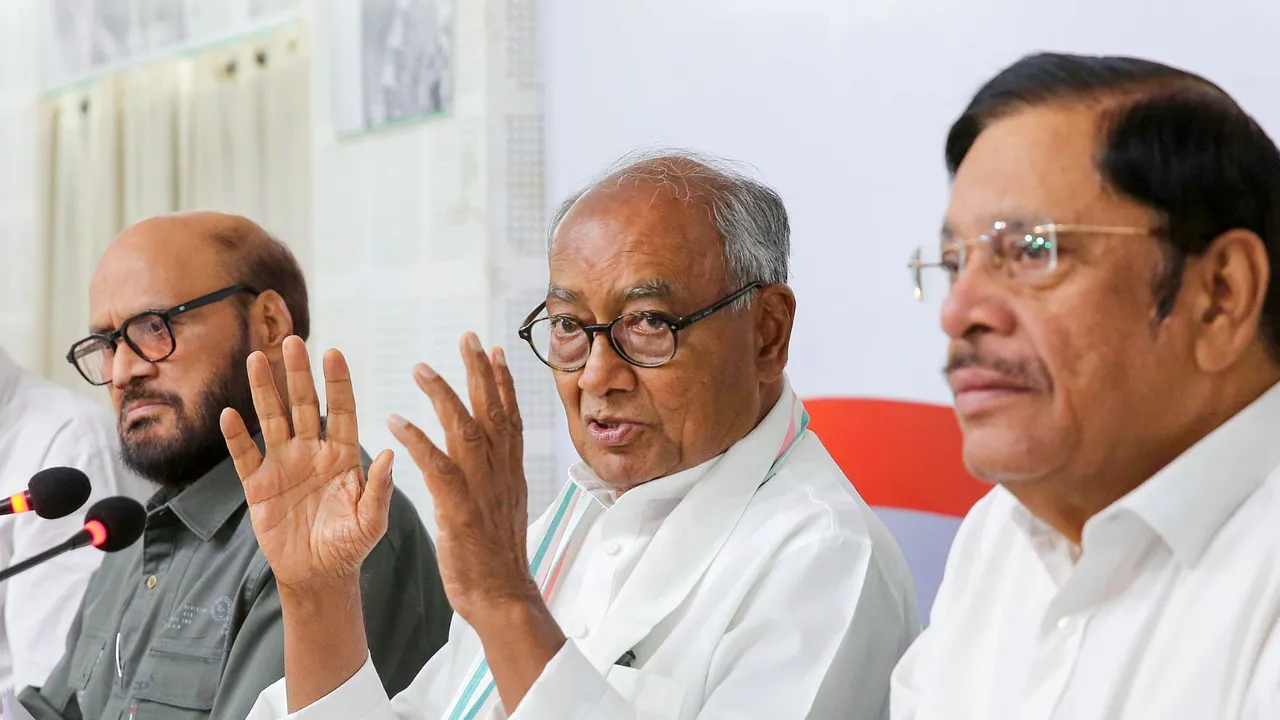 Congress MP Digvijaya Singh with others addresses a press conference, at MPCC headquarters, in Bhopal, Friday, March 22, 2024.
