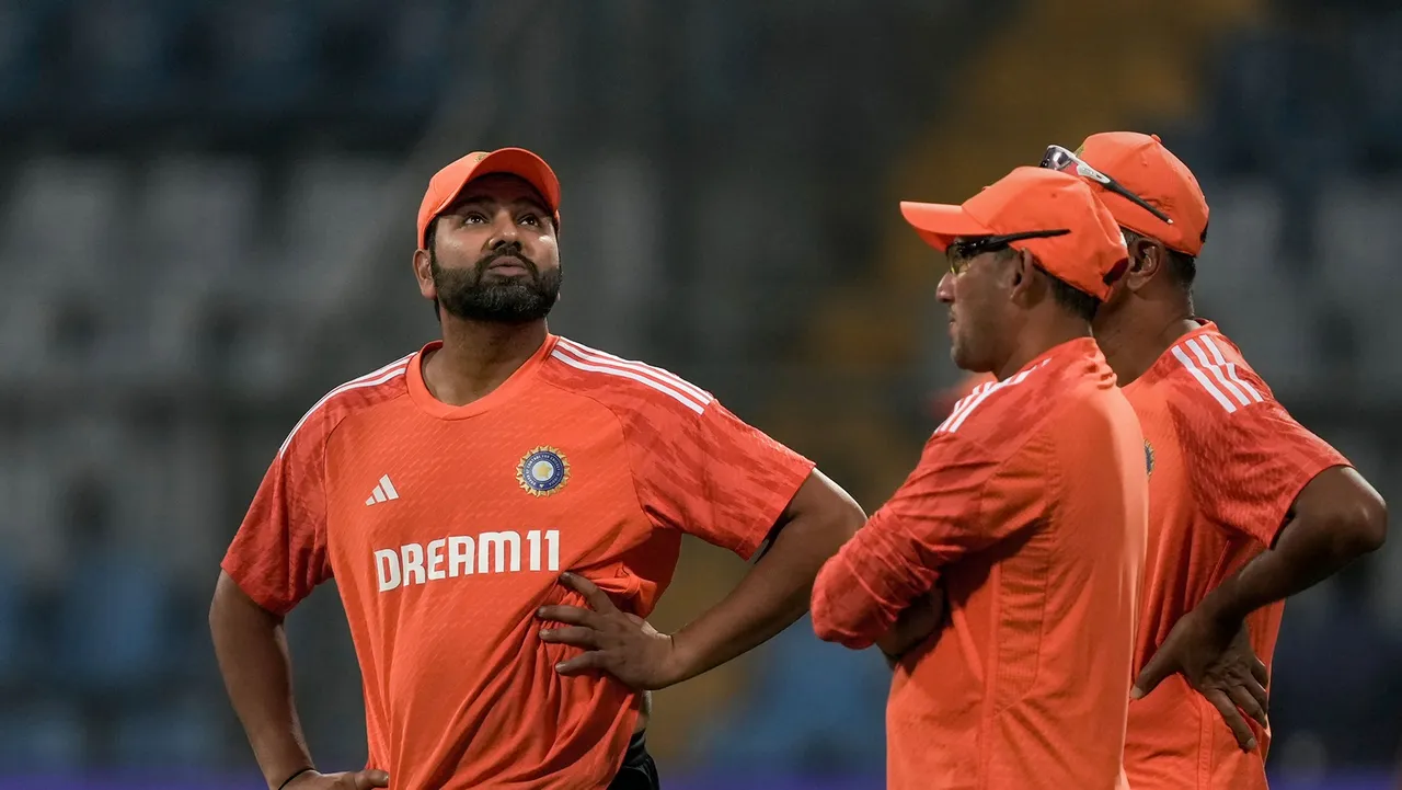India’s captain Rohit Sharma, coach Rahul Dravid and Chief Selector Ajit Agarkar during a practice session ahead of the ICC Men's Cricket World Cup 2023 first semi-final match