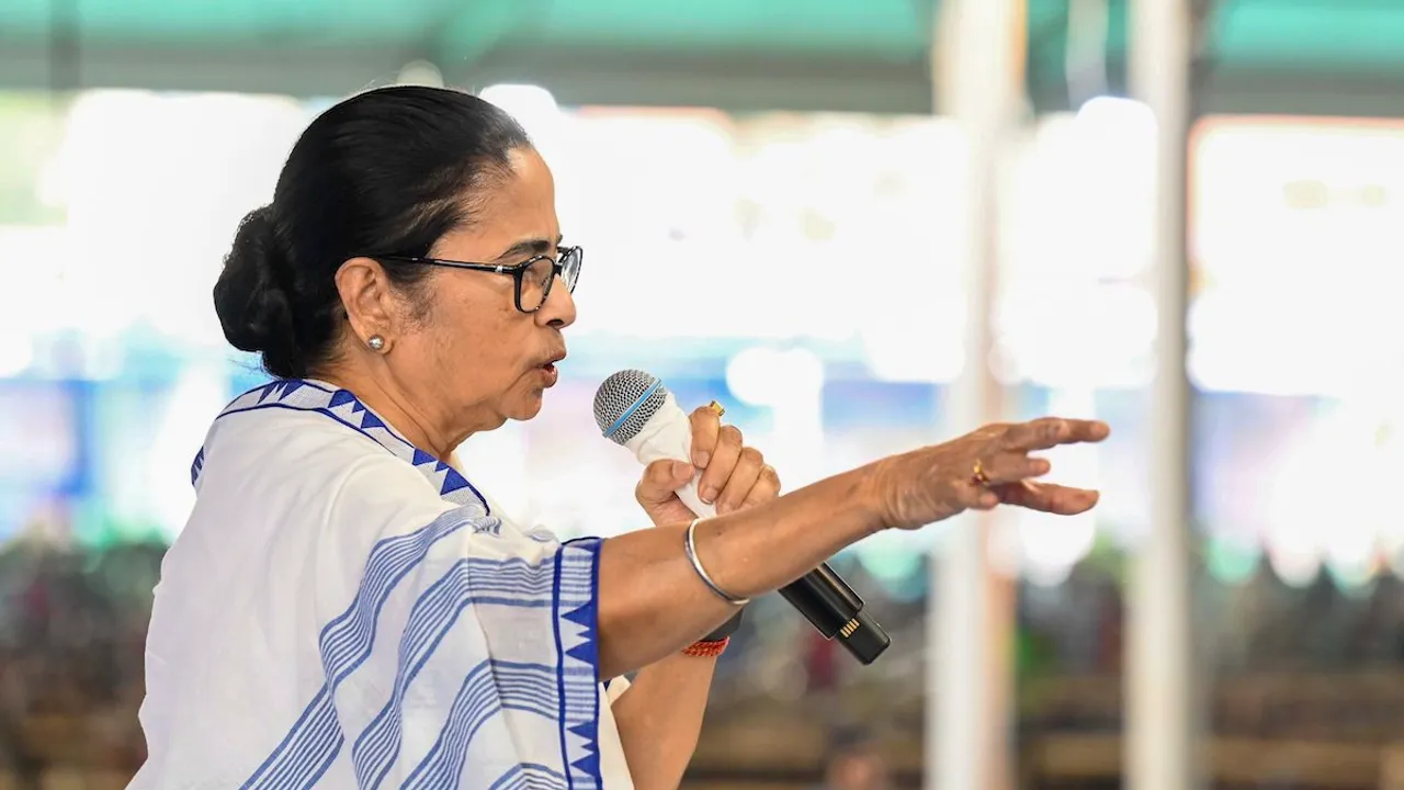 Mamata Banerjee speaks during a government programme, at Arambagh in Hooghly district, Monday, Feb. 12, 2024.