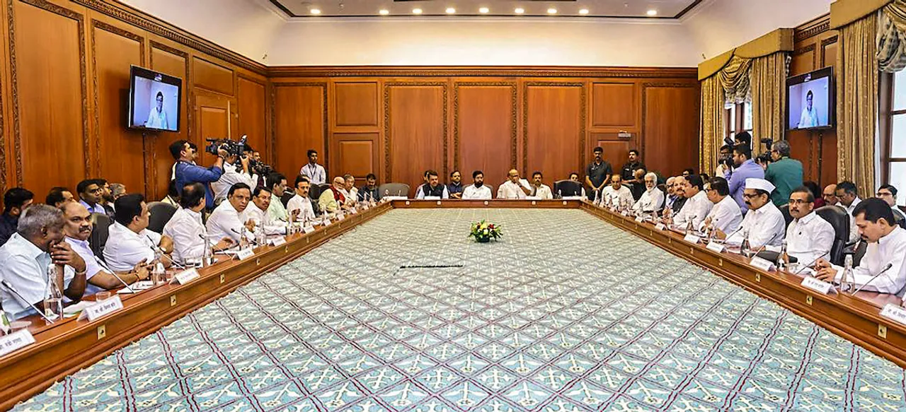 Maharashtra Chief Minister Eknath Shinde with Deputy Chief Minister Devendra Fadnavis, NCP chief Sharad Pawar and others during an all-party meeting on Maratha reservation, in Mumbai, Wednesday, Nov. 1, 2023.