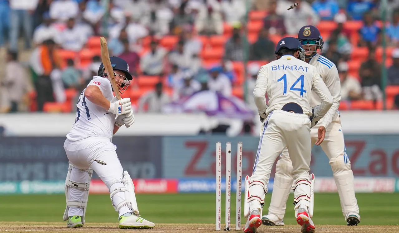 England's Jonny Bairstow clean bowled during the third day of first test match between India and England at Rajiv Gandhi International Cricket Stadium, in Hyderabad, Saturday, Jan 27, 2024