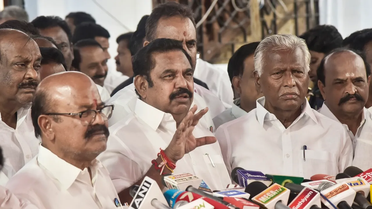 Leader of the Opposition in Tamil Nadu Legislative Assembly Edappadi K. Palaniswami speaks with the media during the Budget session of the Assembly, in Chennai, Monday, Feb. 19, 2024.