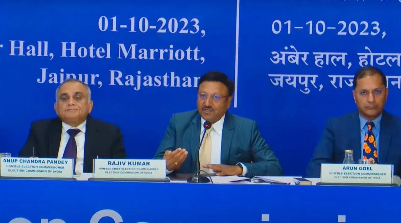 Chief Election Commissioner Rajiv Kumar with Election Commissioners Anup Chandra Pandey (left) and Arun Goel during a press conference to review poll preparedness for elections to Rajasthan Legislative Assembly 2023