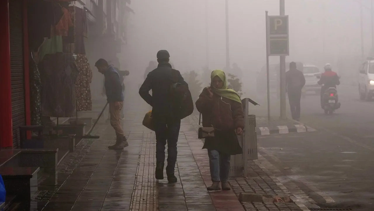 Commuters on a road amid dense morning fog, in Srinagar