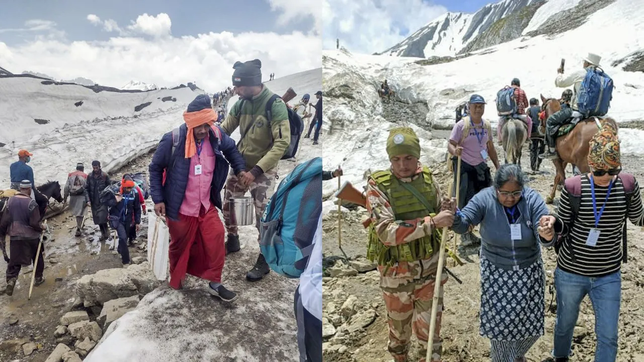 Himveers of ITBP assist Amarnath Yatra pilgrims at 15,000ft on Mahagunas Top, braving the Pahalgam axis from Chandanwari to the Holy Cave