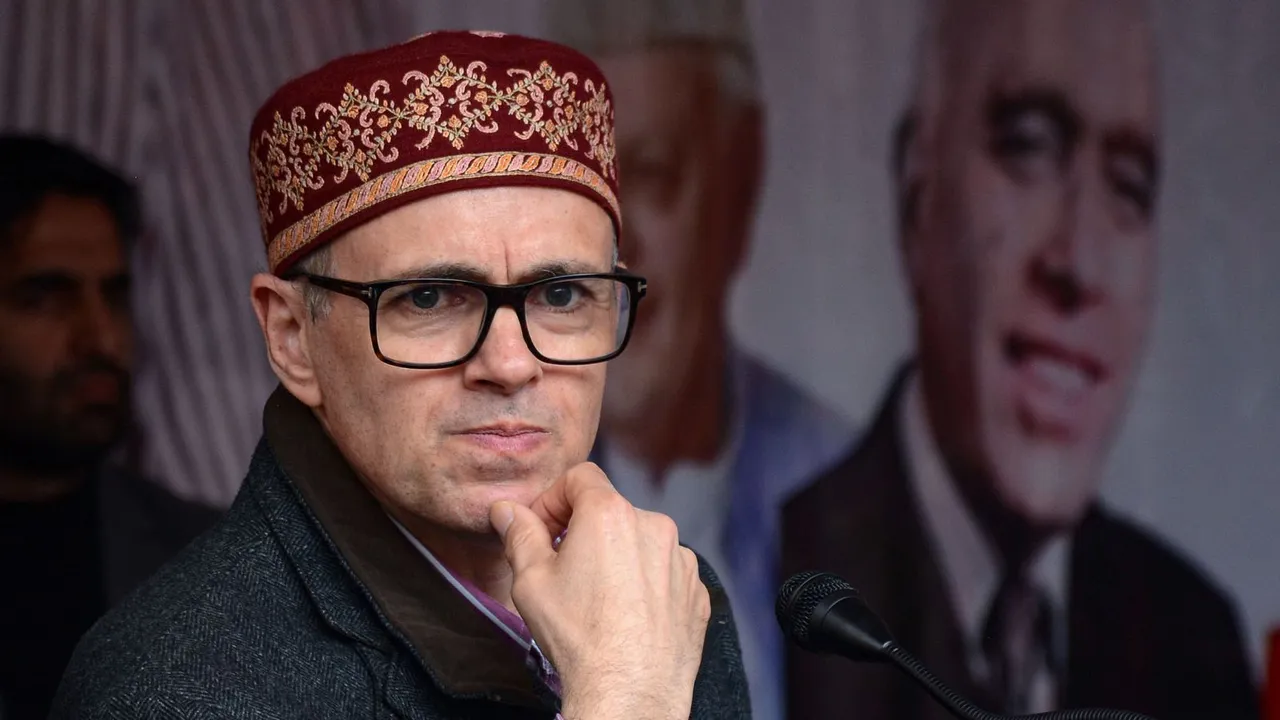 Former Jammu and Kashmir chief minister and National Conference Vice President Omar Abdullah addresses during the one-day Provincial Youth Convention Kashmir-2024 ahead of Lok Sabha elections