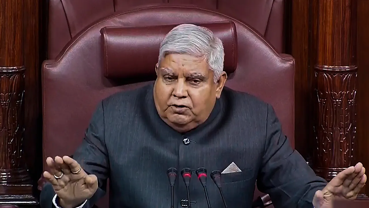 Rajya Sabha Chairman Jagdeep Dhankhar conducts proceedings in the House during the Monsoon session of Parliament, in New Delhi