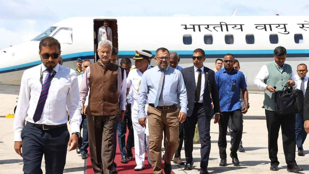 External Affairs Minister S. Jaishankar being received by Foreign Minister of Maldives Moosa Zameer as he arrives in Addu City, Maldives.