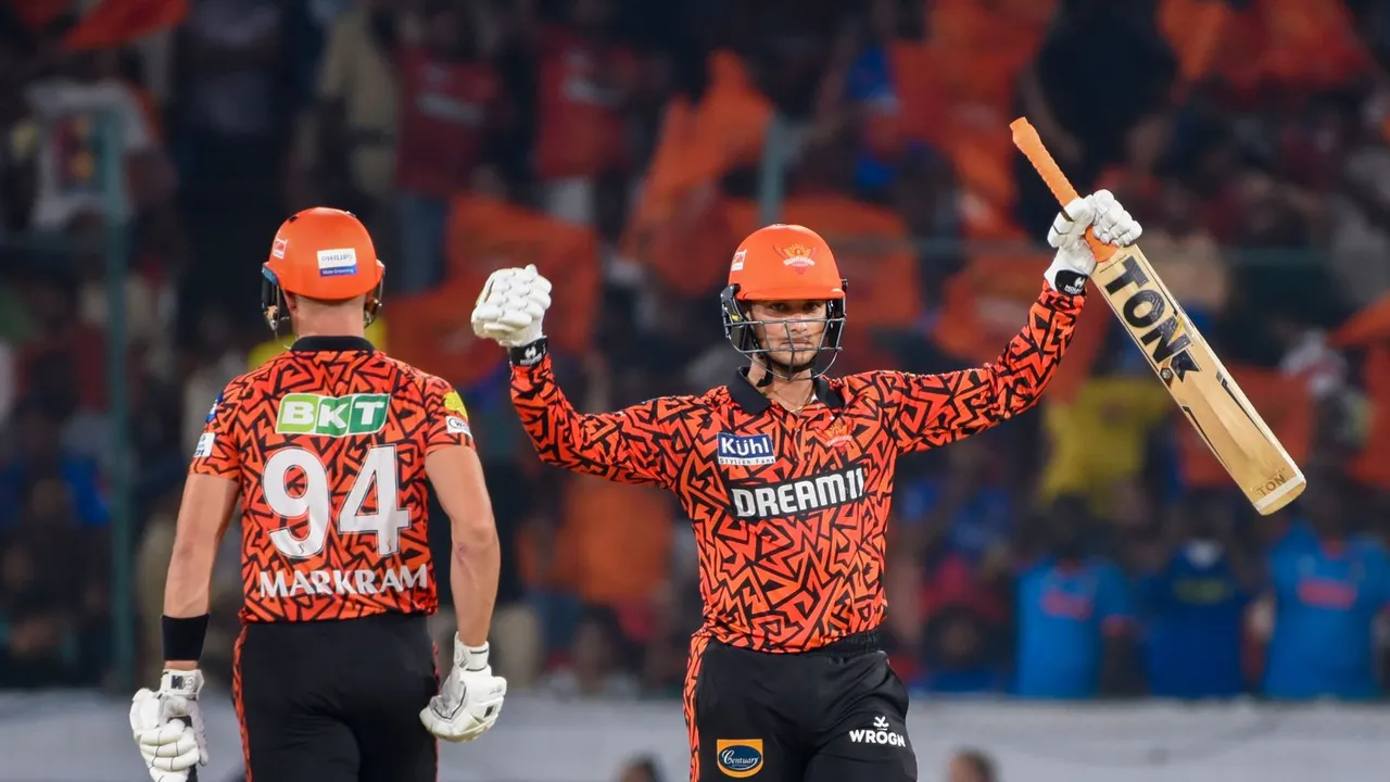 Sunrisers Hyderabad batter Abhishek Sharma celebrates his half century during the Indian Premier League (IPL) 2024 T20 cricket match