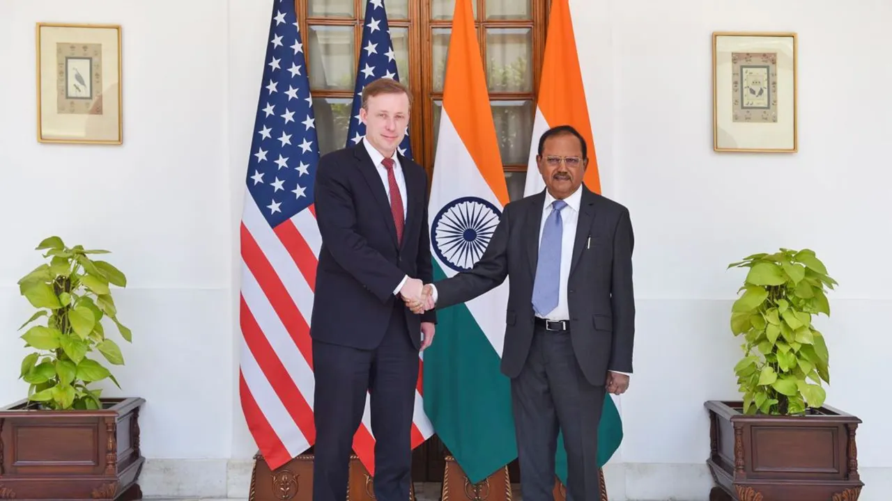 National Security Adviser (NSA) Ajit Doval and US NSA Jake Sullivan during a meeting, in New Delhi, Monday, June 17, 2024.