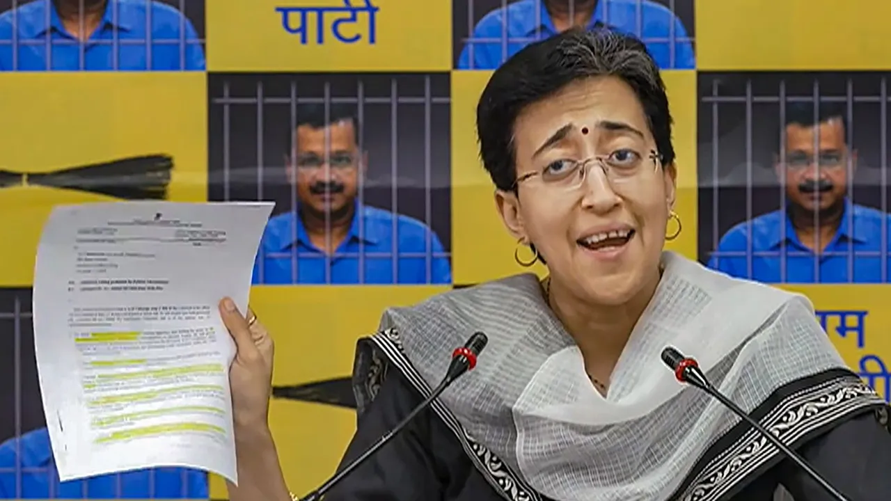 Delhi minister and AAP leader Atishi Singh addresses a press conference, in New Delhi, Sunday, April 28, 2024