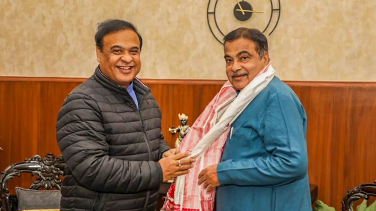 Union Minister Nitin Gadkari with Assam Chief Minister Himanta Biswa Sarma during a meeting, in New Delhi