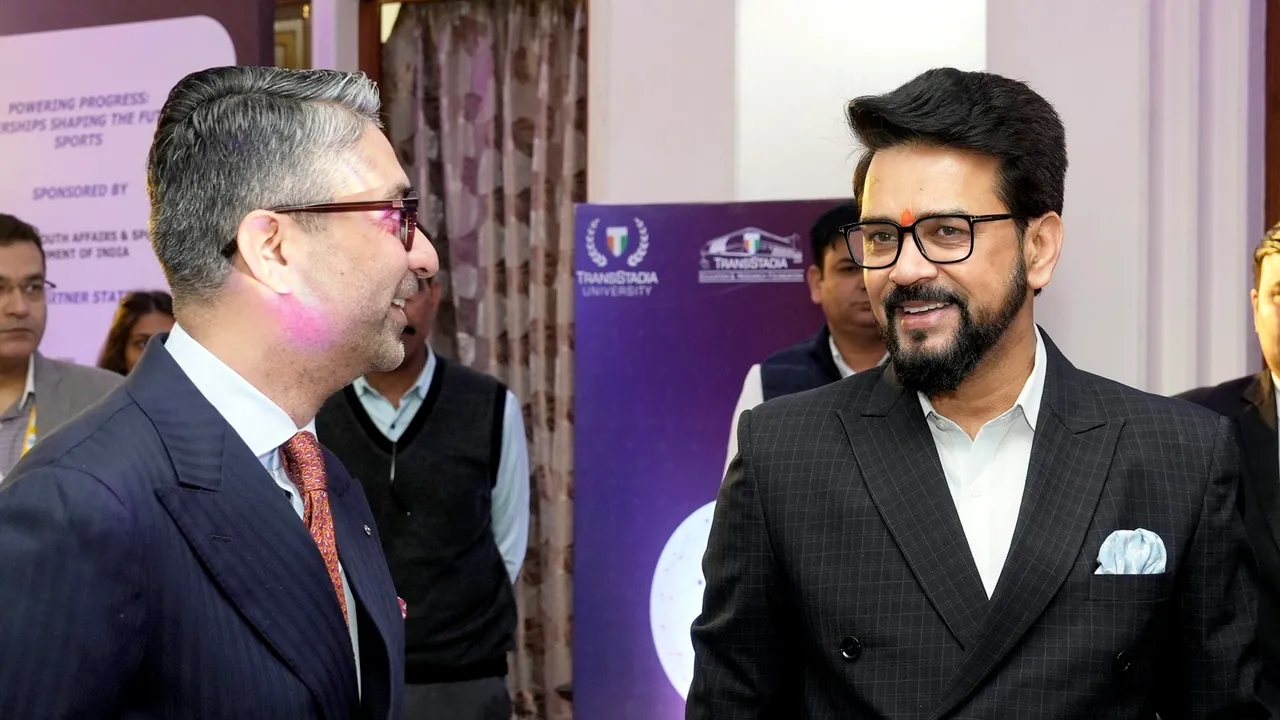 Union Minister for Youth Affairs & Sports Anurag Thakur with retired athlete Abhinav Bindra during the Bharat Sports Science Conclave (BSSC), in New Delhi, Wednesday, Feb. 28, 2024.