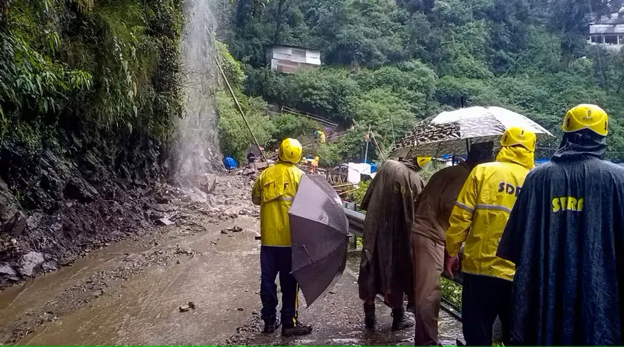 SDRF personnel conduct rescue and search operation following a landslide due to rains at Gaurikund in Rudraprayag