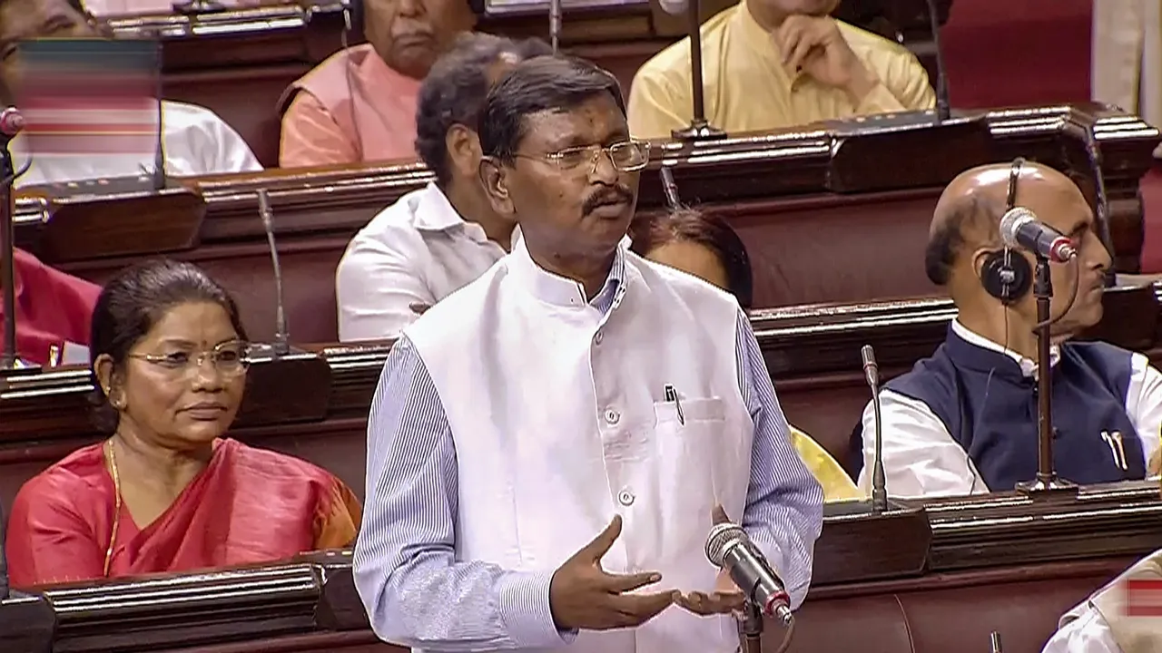 Union Minister of Tribal Affairs Arjun Munda speaks in the Rajya Sabha during the Monsoon session of Parliament, in New Delhi