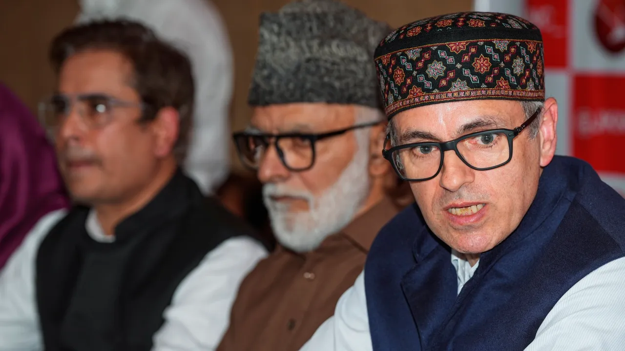 National Conference Vice President Omar Abdullah addresses a press conference in Srinagar
