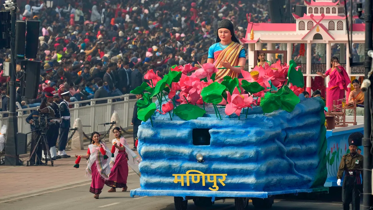 Manipur tableau on display during the full dress rehearsal for the Republic Day Parade 2024 at the Kartavya Path, in New Delhi