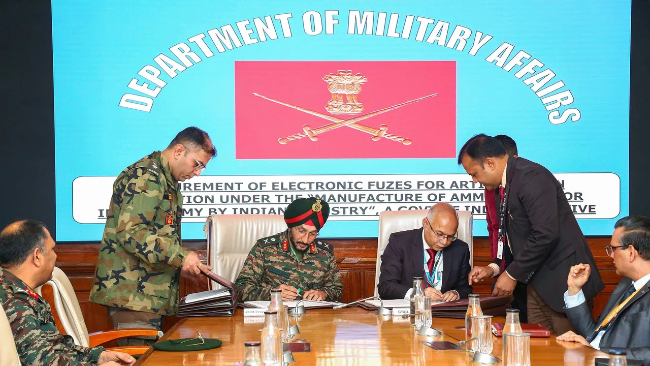 Officials of Indian Army and Bharat Electronics Limited (BEL) during the signing of a contract for procurement of Electronic Fuses for the Indian Army