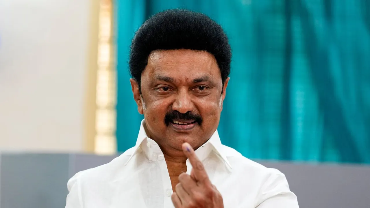 Tamil Nadu Chief Minister MK Stalin shows his fingers marked with indelible ink after casting his vote for the first phase of Lok Sabha elections, at a polling station in Chennai, Friday, April 19, 2024