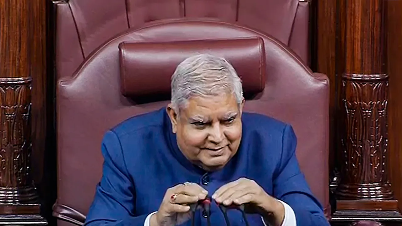 Rajya Sabha Chairman Jagdeep Dhankhar conducts proceedings of the House during a special session of Parliament, in New Delhi
