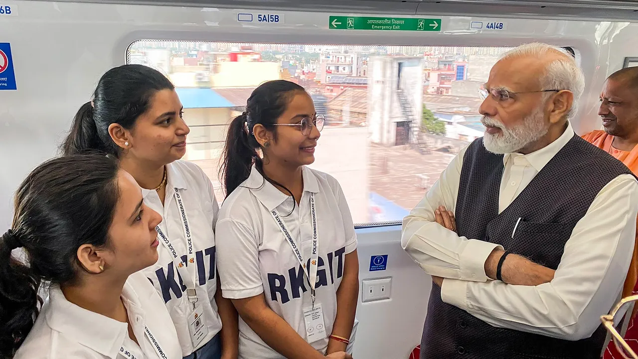 Prime Minister Narendra Modi aboard the Regional Rapid train 'Namo Bharat' connecting Sahibabad and Duhai Depot stations on the Delhi-Meerut RRTS Corridor after flagging it off, in Sahibabad