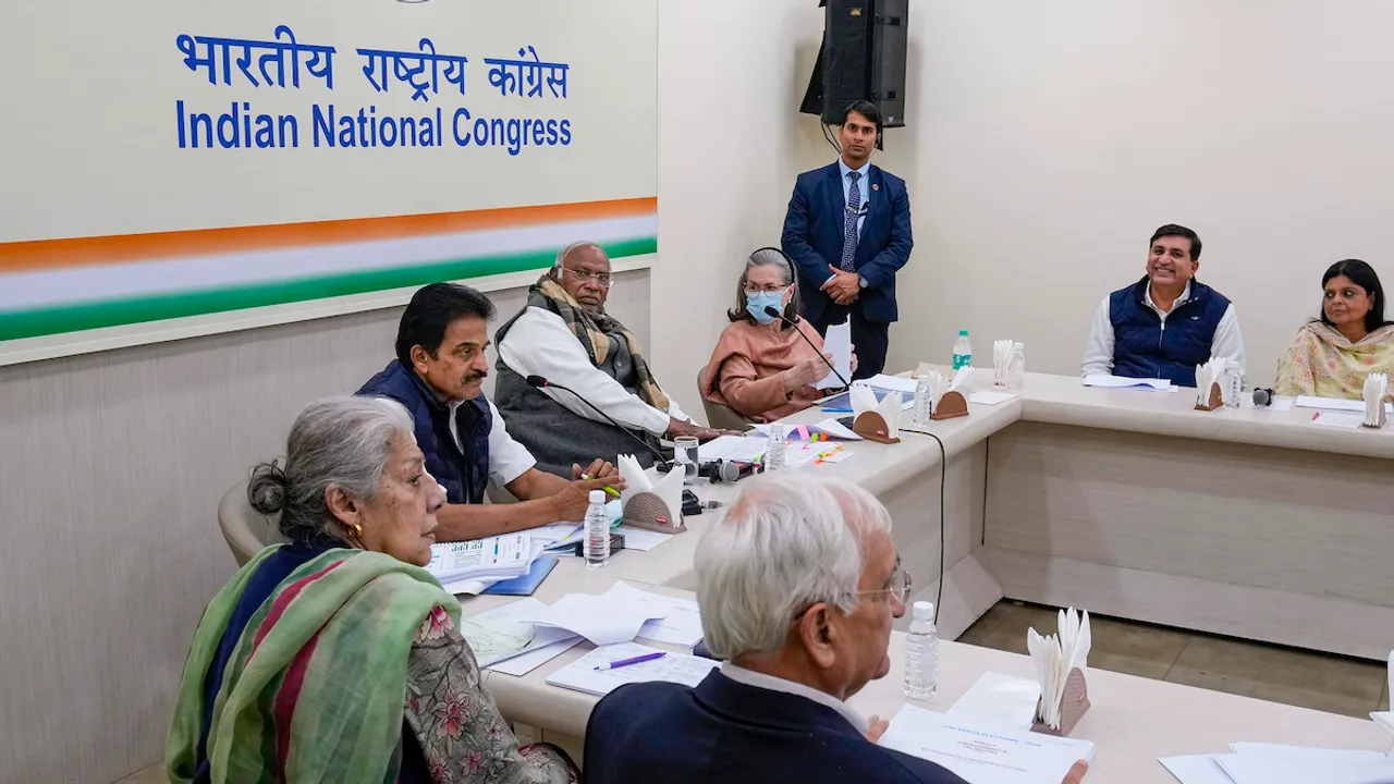 Congress President Mallikarjun Kharge with party leaders Sonia Gandhi, KC Venugopal, Ambika Soni and others during the Congress Central Election Committee (CEC) meeting for the upcoming Lok Sabha polls, at AICC Headquarters in New Delhi, Thursday, March 7, 2024.