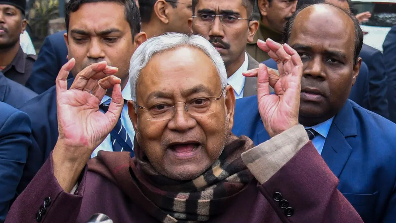 JD(U) chief Nitish Kumar speaks with the media after submitting his resignation as Bihar chief minister to Governor Rajendra Arlekar, outside Raj Bhavan, in Patna