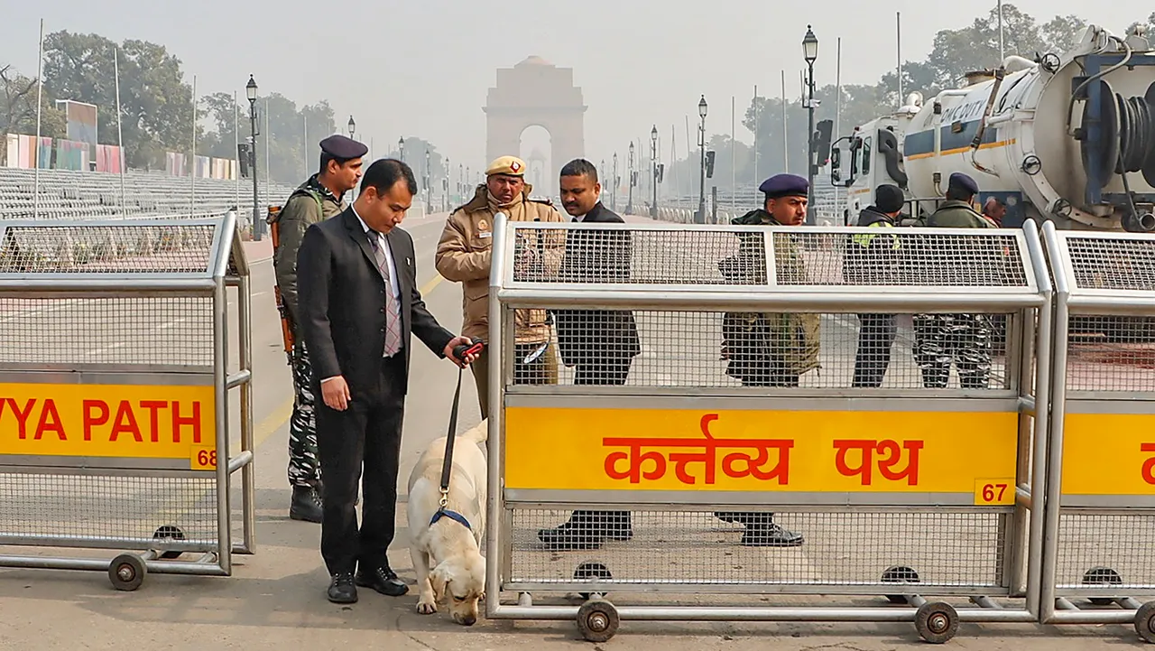 Security personnel deployed on Kartavya Path ahead of the Republic Day Parade 2024, in New Delhi