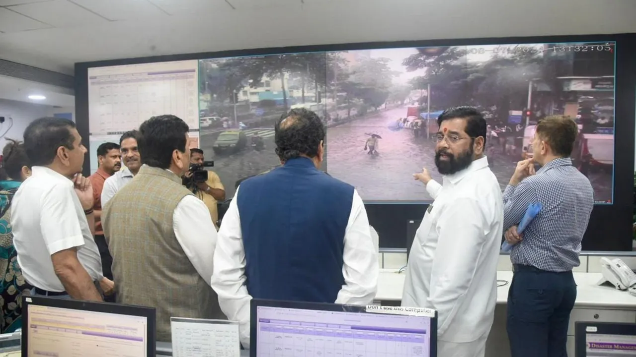 Chief Minister of Maharashtra, Eknath Shinde holds an emergency management meeting due to incessant heavy rainfall at Brihanmumbai Municipal Corporation headquarters, in Mumbai.