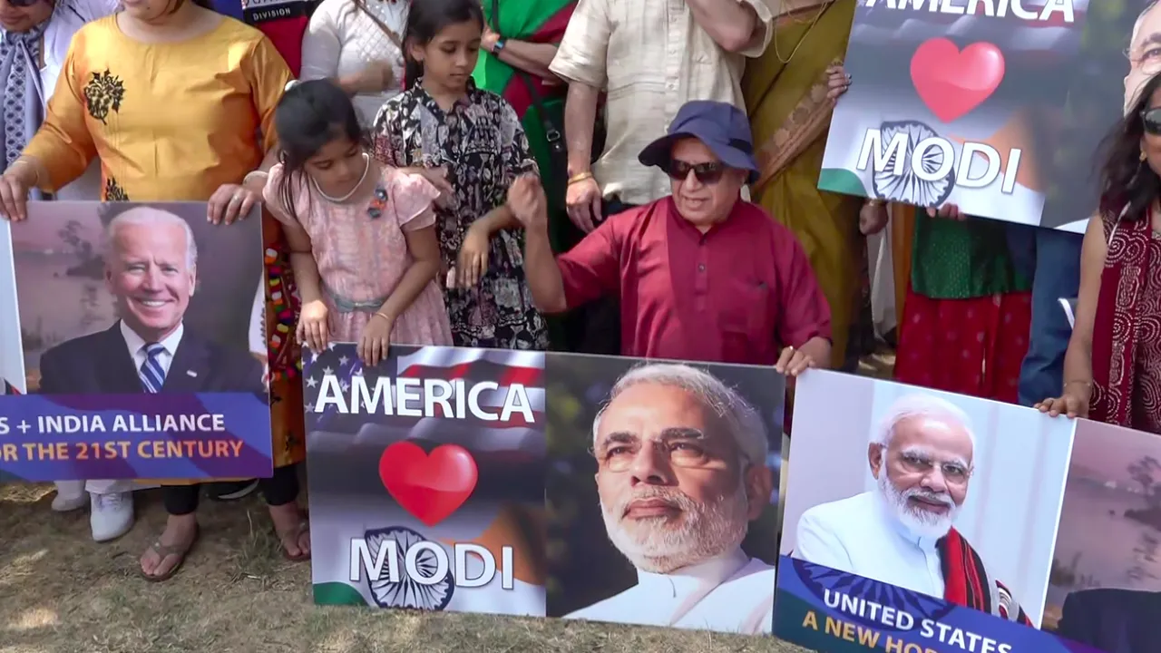 Indian-Americans gather to send a message of welcome to Prime Minister Narendra Modi ahead of his state visit, in Washington, USA