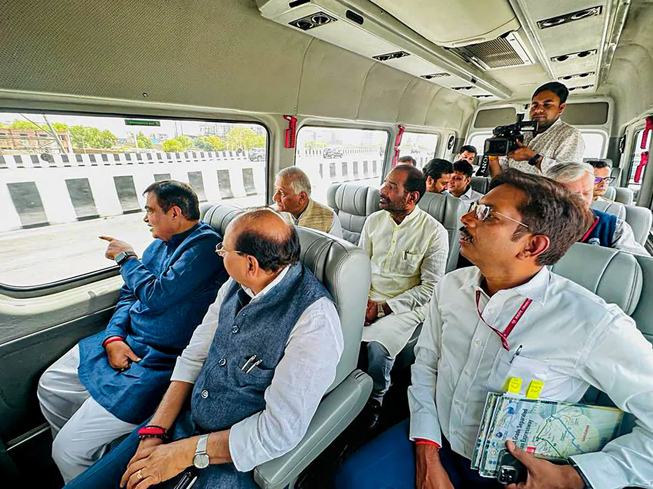 Union Minister for Road Transport and Highways Nitin Gadkari with Union MoS for Road Transport and Highways VK Singh, Delhi Lt. Governor Vinai Kumar Saxena and others inspects the under-construction 29.6 km, 8 lane access control Dwarka Expressway, in New Delhi