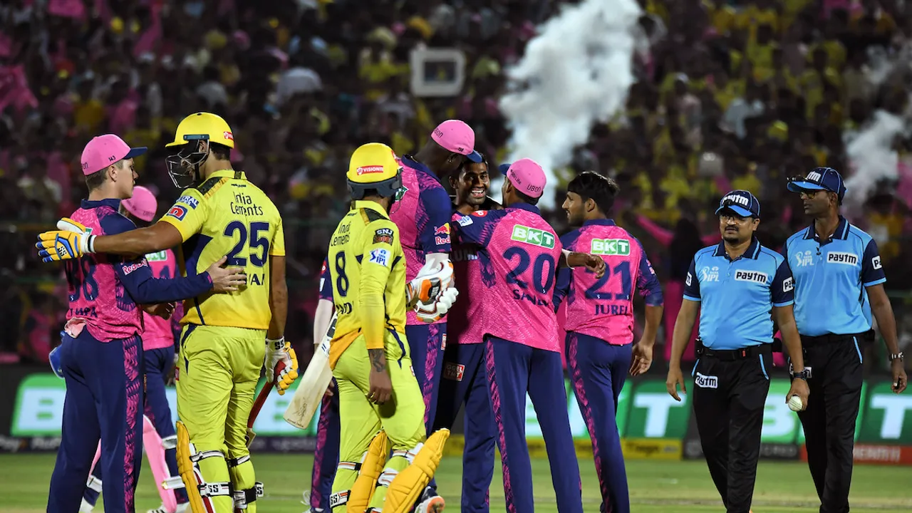 Rajasthan Royals players celebrate their win in the IPL 2023 cricket match against Chennai Super Kings on April 27