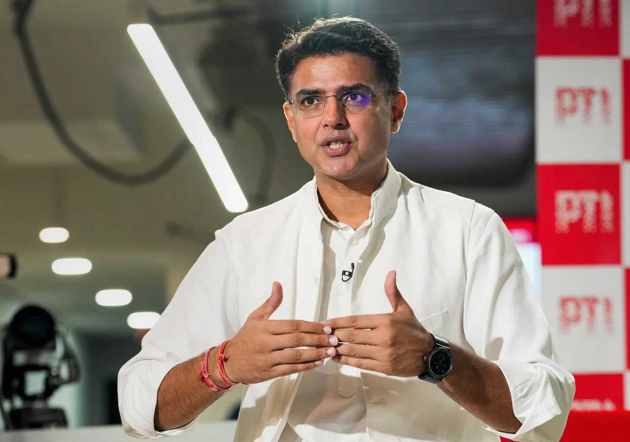 Congress leader Sachin Pilot reacts during an interview with PTI, in New Delhi