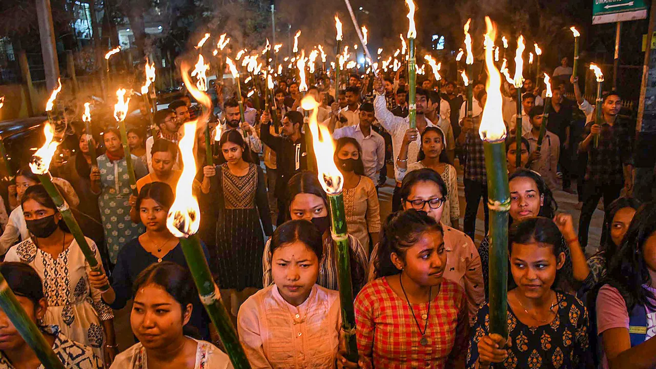 Members of All Assam Students Union (AASU) take part in a protest march after the central government notified the rules for implementation of the Citizenship (Amendment) Act, 2019, in Guwahati, Tuesday, March 12, 2024.