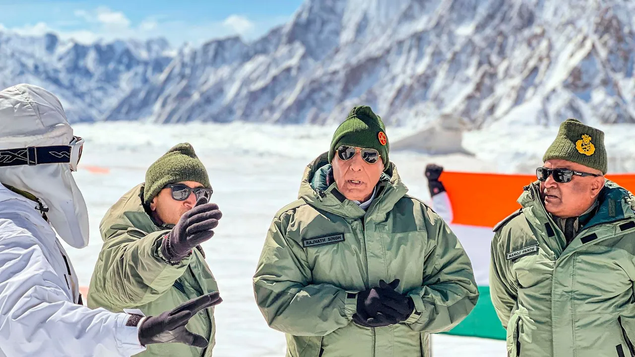 Defence Minister Rajnath Singh and Chief of Army Staff General Manoj Pande during a visit at Siachen Base Camp, in Ladakh, Monday, April 22, 2024